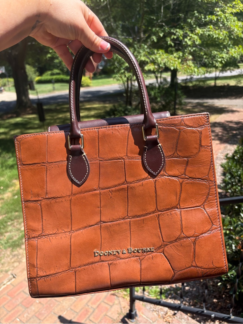 Dooney & Bourke Brown Croc-Embossed Leather Tote with Dark Brown Handles